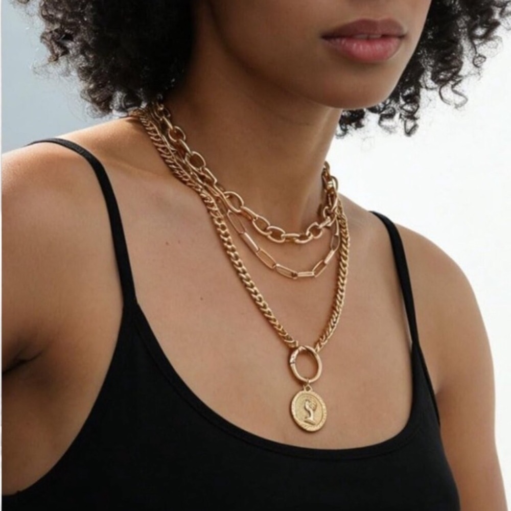 Vintage 24k Gold  Plated Layered Necklace Trendy Chunky Cuban Link Paperclip Cha - Picture 6 of 11